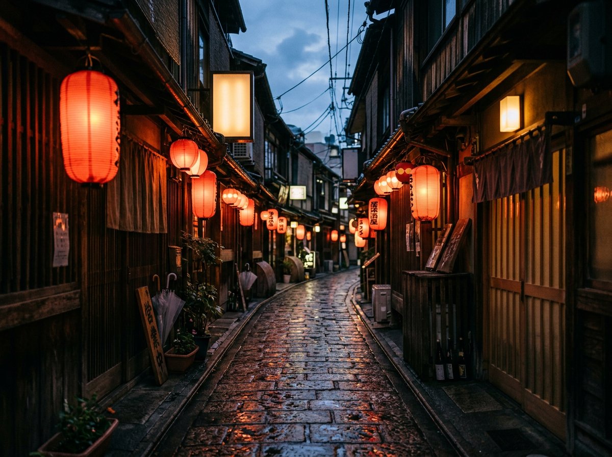 再現チャレンジのお手本画像: 雨上がりの提灯路地を再現する